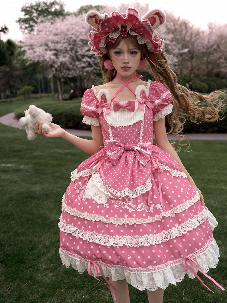 Ears Square Pattern Dress Bunny Polka Dots Lolita Neckline Pink Plush Sweet Dark