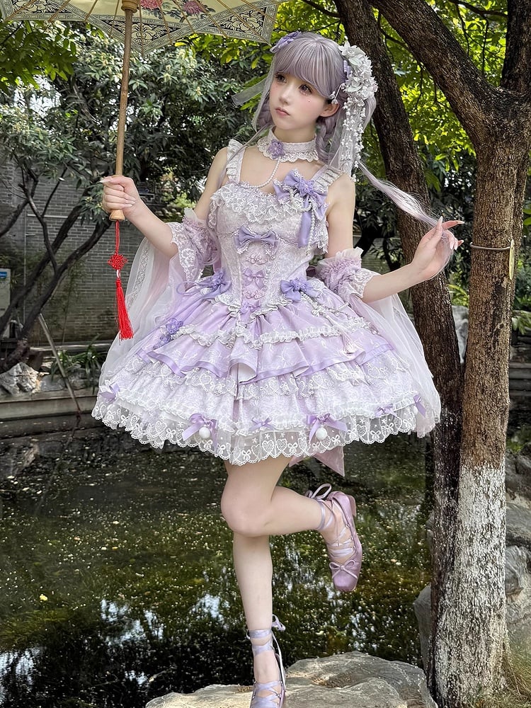 and Chains Dress Flower Lolita Waist Qi Corset Bow Bead Purple Accents