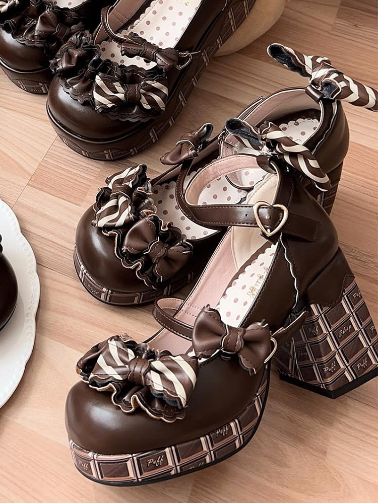Heart Dark Brown High Chocolate Heels Striped Janes Bowknot Details Platform Mary Buckle Block
