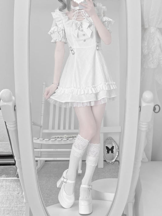 Lace-up White Jirai with Neck Kei Tie Bow Dress Detail Halter