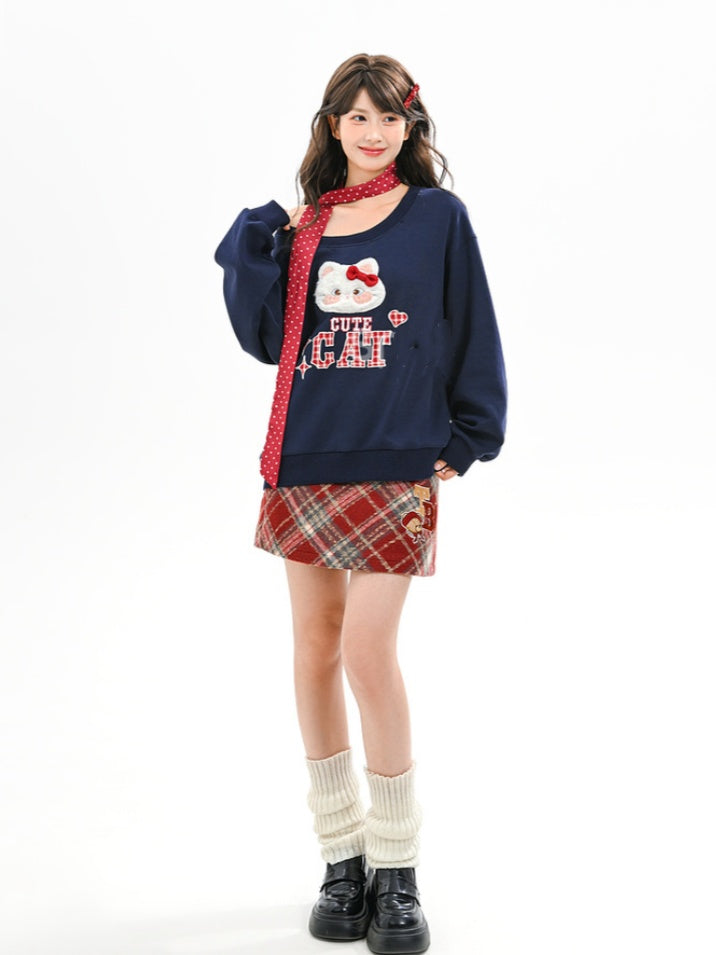 Sweatshirt with Detachable Red Applique Navy Kitty Embroidery Blue Collar Plaid