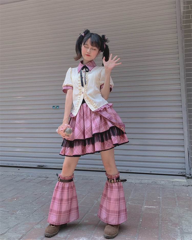 Contrast Pink Plaid Trim Beige Idol Lolita Blouse with Lace-up Detail at Back