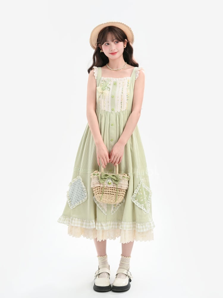 Mori Kei Green Floral Applique Sleeveless Dress