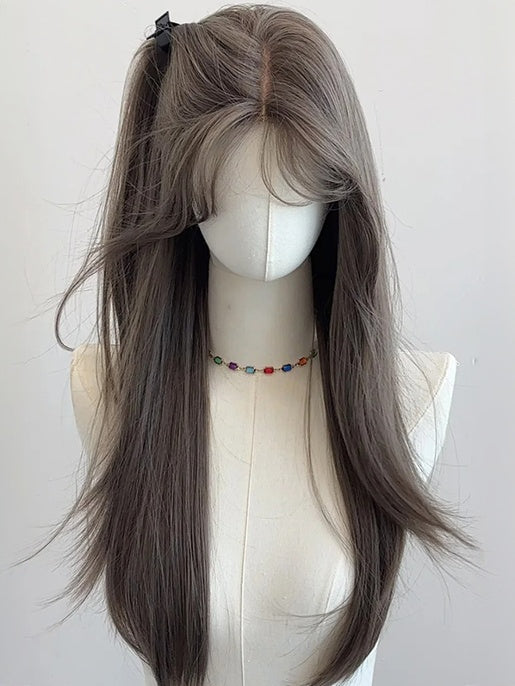 Brown Waist Length Straight Wig With Curtain Bangs