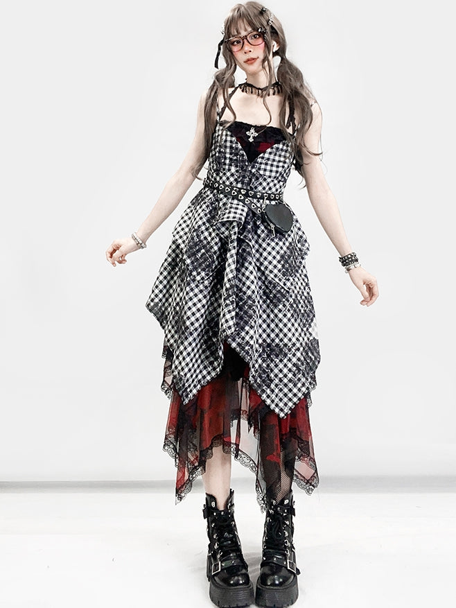 Glamorous Tiered Cross Top Plaid Details Bittersweet + Red Skirt Dye Black Tie Set- Dress Cami