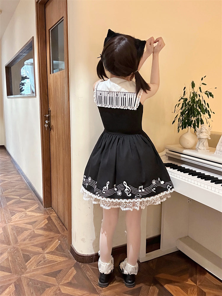 Design Sleeveless Melodic Kitty Black Sailor Collar Keyboard Dress Back