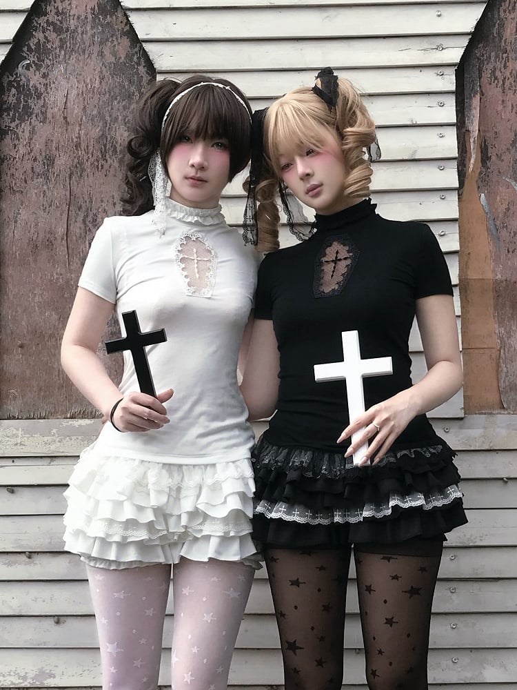 Gestufter Cross Skort Gothic Schwarz/Weiß Elastische Taille Spitzenbesatz Pumphose