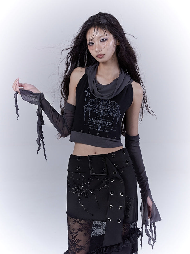 Sleeveless Top Armwear Print Punk Studded Black Cross Wing with Free