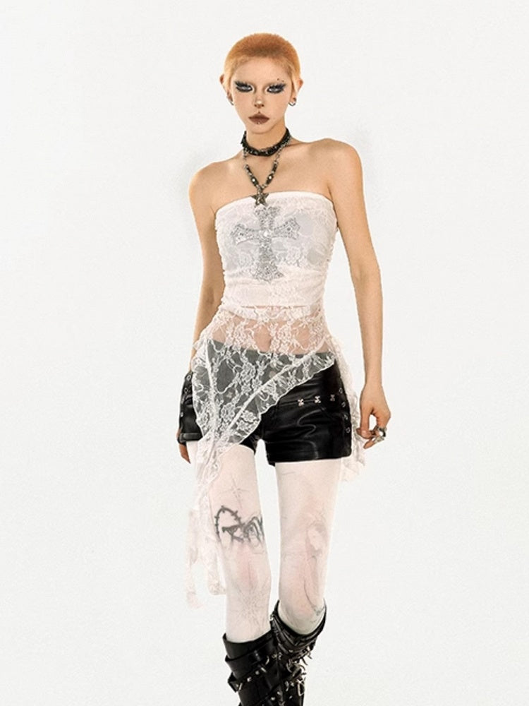 Sheer Tube White Lace Punk Y2K Top with Rhinestone Cross