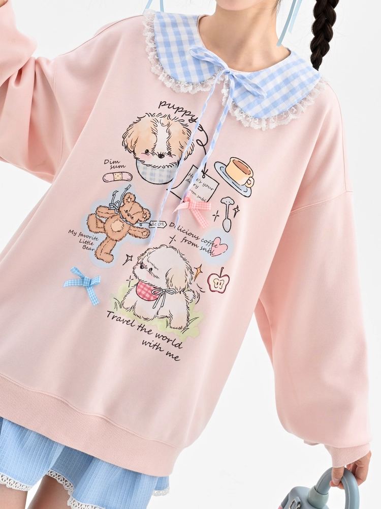 Adorable Cartoon Puppy Print Pink Round Loose Neck Sweatshirt