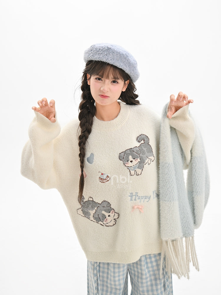 White Cute Puppies Pattern Round Neck Loose Sweater