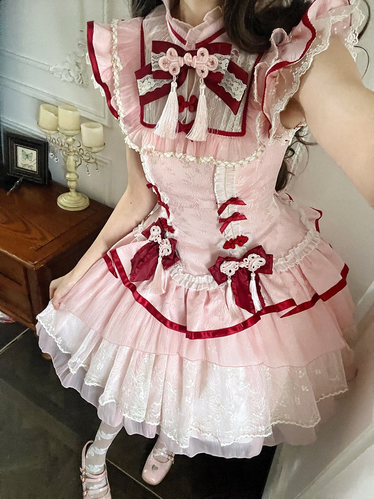Qi Lolita Frog Button Cheongsam Collar Dress Details Style Tassel Pink
