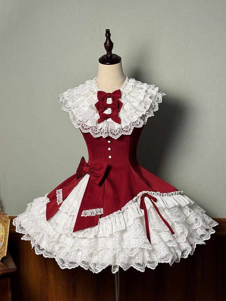 Slim Waist Dress Neck Sleeveless Lolita Ruffle Layered Sweet Fit Striped Fabric Red