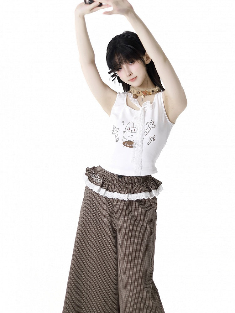with Self-tie Strap White Cat Print Tank Top Neckline