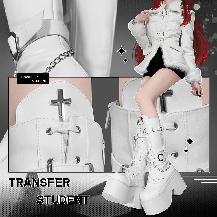 Weiße Gothic Lolita Plateaustiefel mit Sargschnallenriemen und Kreuzdekor