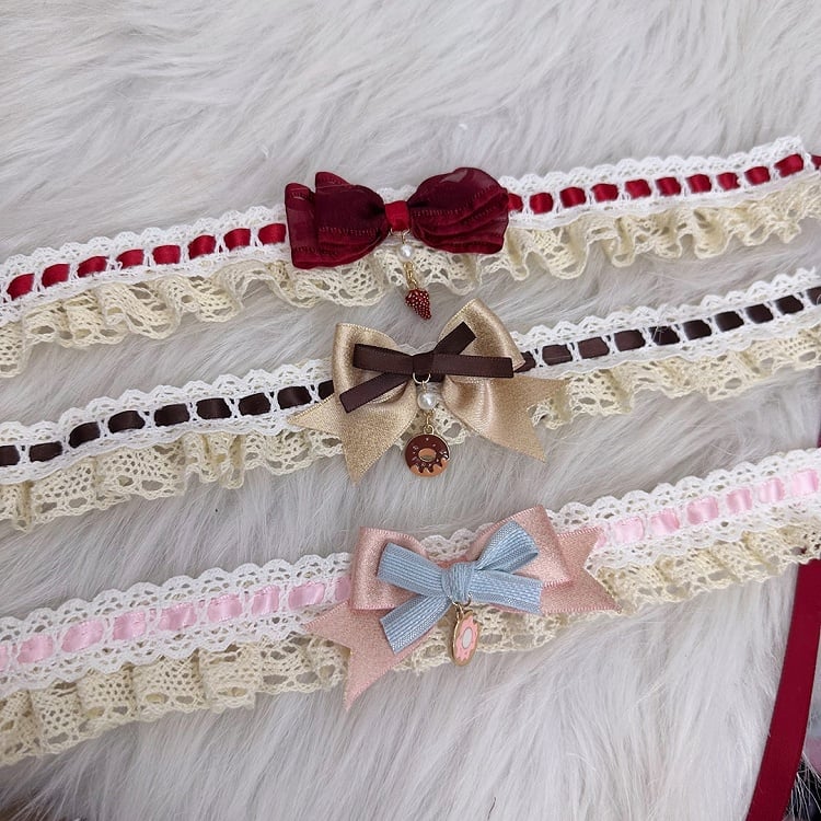 Braun/Rosa/Roter Anhänger und Lolita-Halsband mit süßer Schleifenspitze