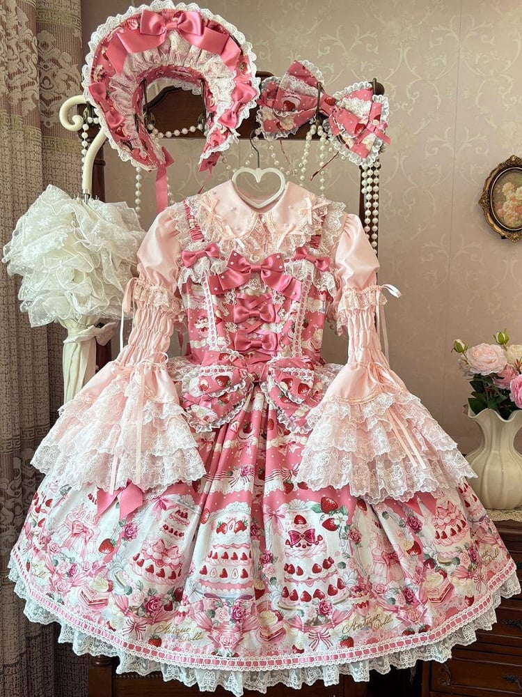 Sweet and Set Strawberry Desserts Pink Full JSK Print / Lolita