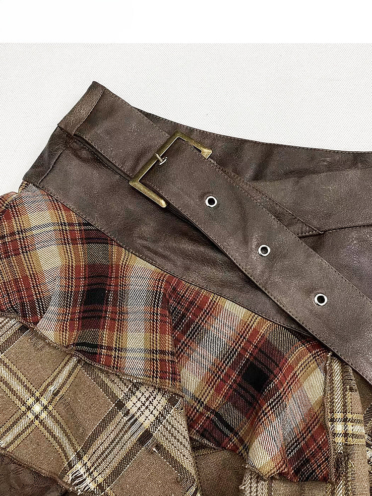 Kaffee karierter Patchwork-Stufenrock mit Taschentuchsaum und Schnallenriemen