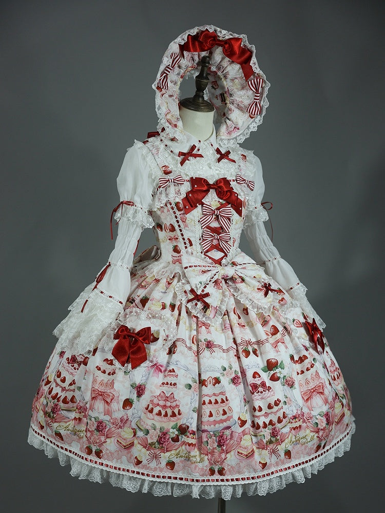 Sweet Bow JSK Full Lolita Accents Print / White Desserts and Set Strawberry