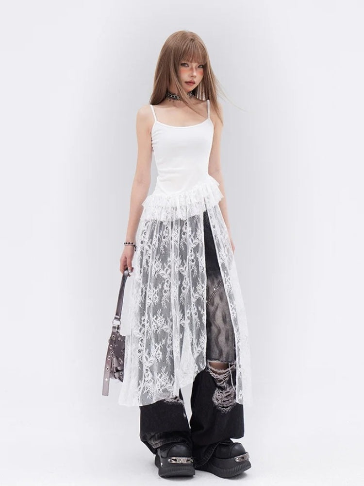 White Contrast Lace Patches Glamorous Cami Top Tiered Ruffles