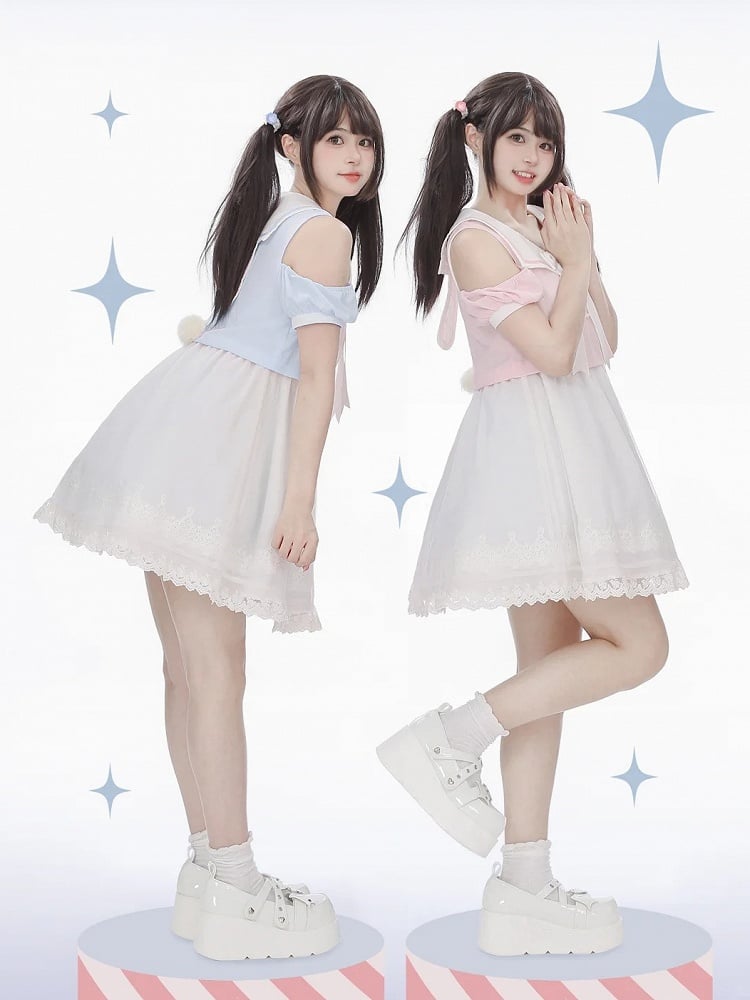 Collar Pink/Blue Bunny Ear and Tail Detail Sailor Chiffon Back