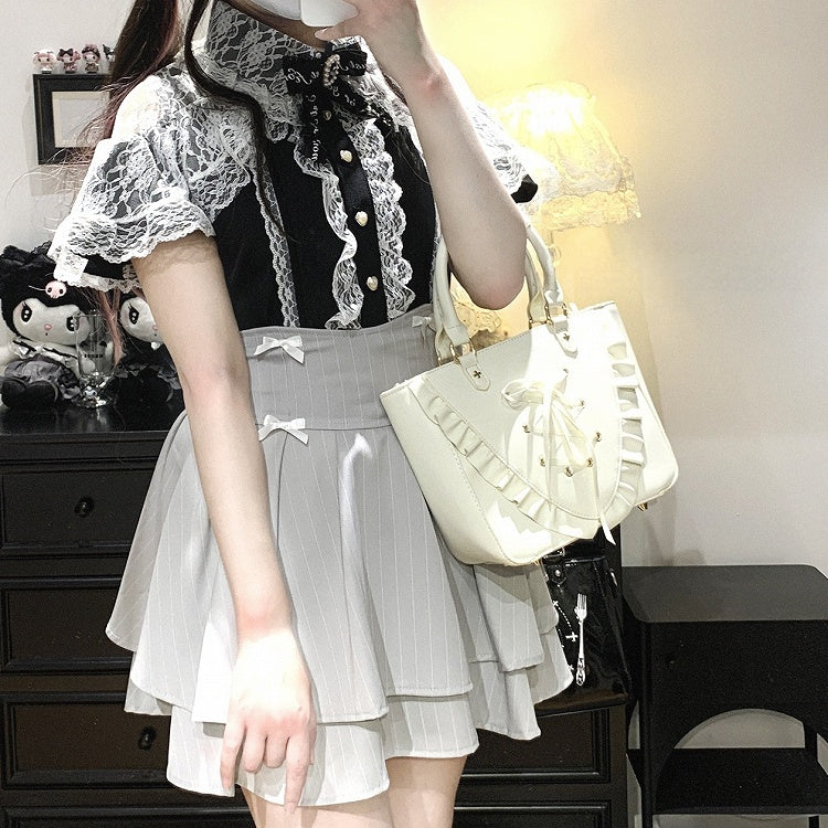 Jirai Kei Black/Blue/White Cutout Shoulder Cape Design Lace Blouse