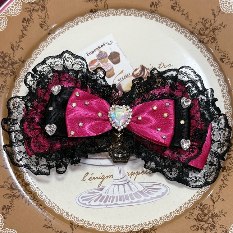 Beaded Haiclip Necklace Bowknot + Ring Lace Pendant Decorated Heart Trim BlackPink Rhinestone
