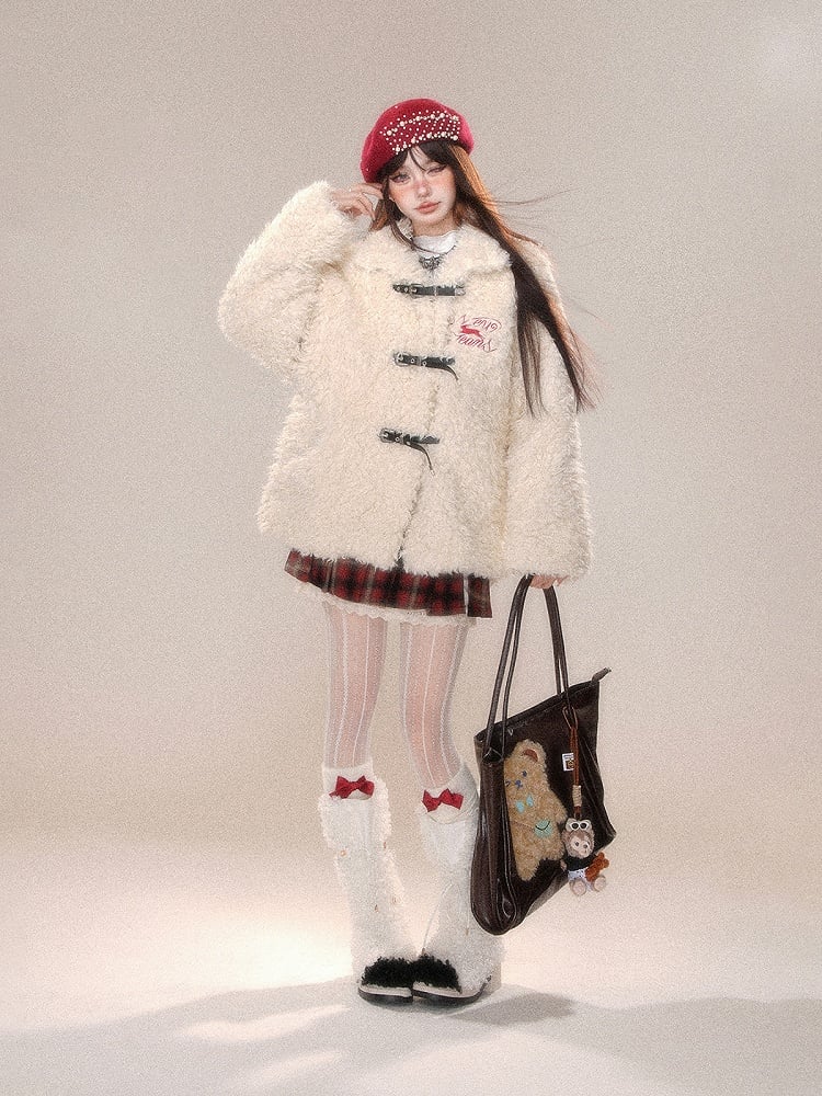 Dark Brown White Letter Buckle Straps Teddy Coat