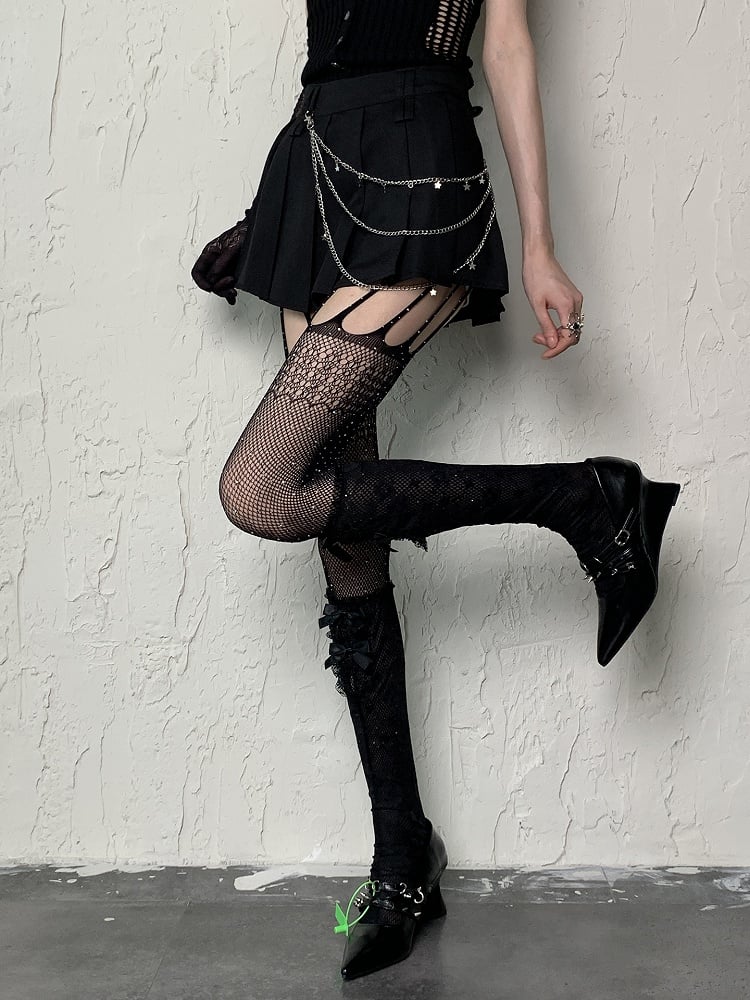 Suspender Black Fishnet Rhinestone Tights Y2K
