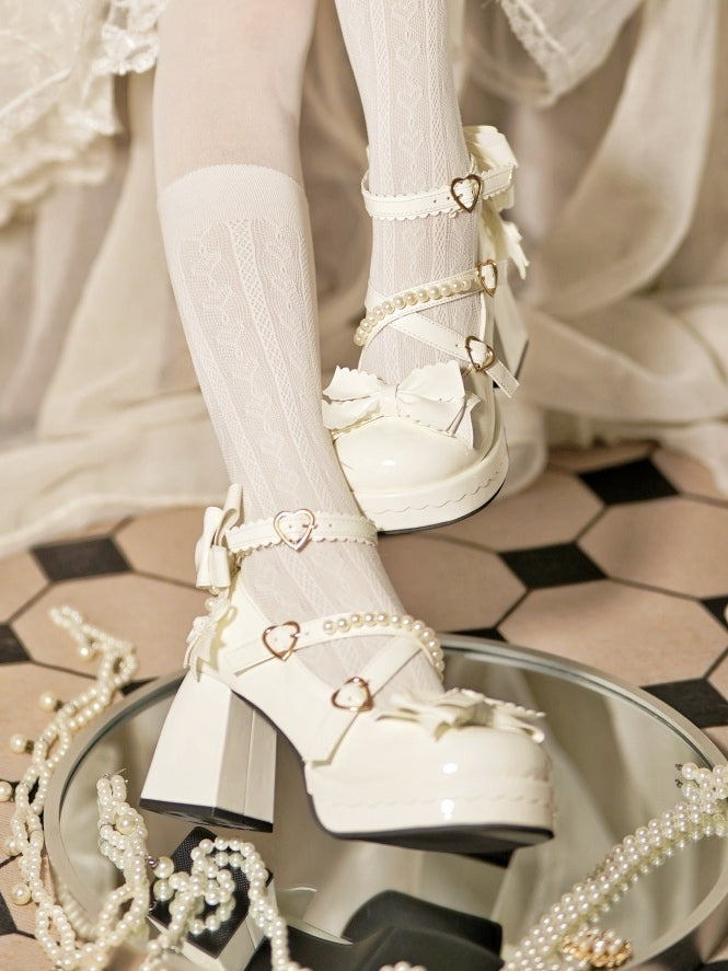 Platform Mary Block with Straps Crisscross - Janes Heel Buckle High Sweet Lolita White Heart Beaded