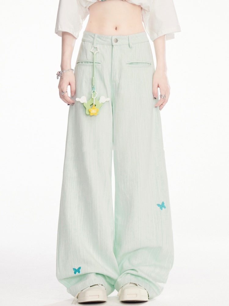 Mint Green Low Waist Butterfly Embroidery Wide-Leg Pants