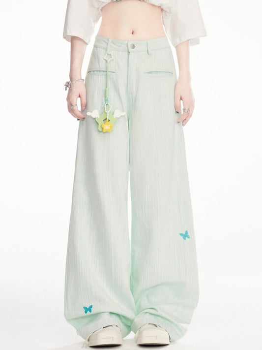 Mint Green Low Waist Butterfly Embroidery Wide-Leg Pants