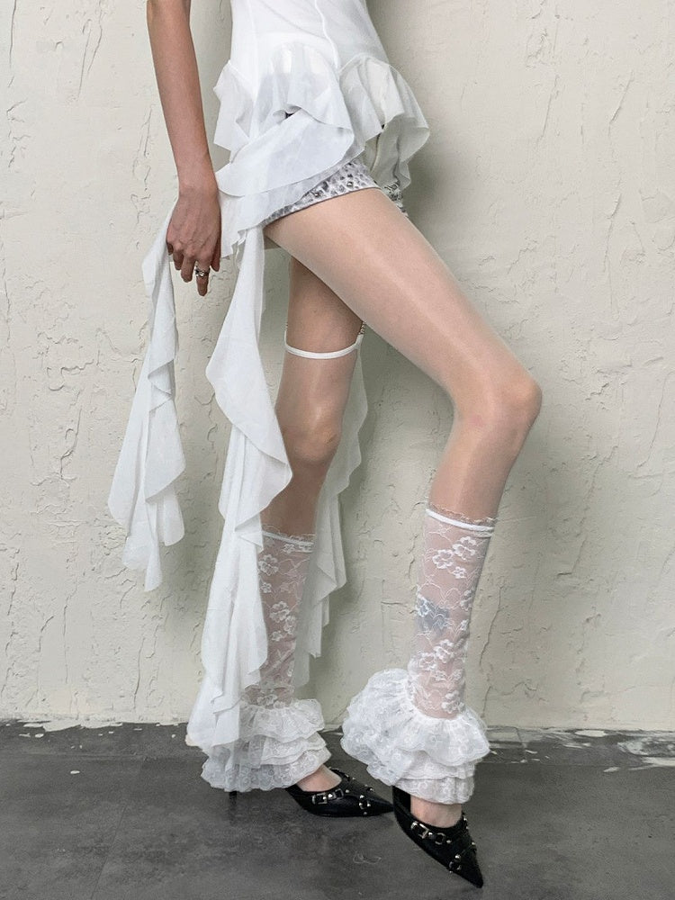 White Pattern Semi-sheer Seeves Floral Ruffle Trims Y2K Leg