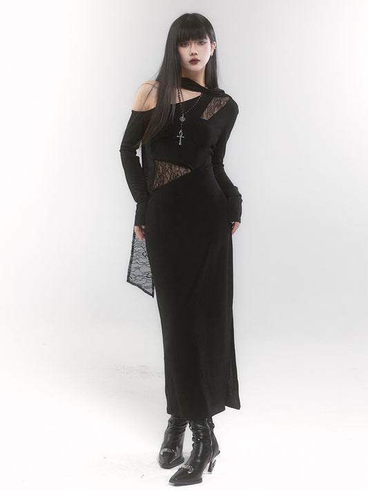 ブラックゴシックアシンメトリーネックラインカットアウトディテールシースドレス