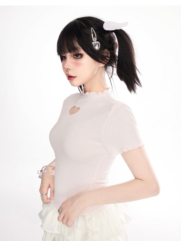 Heart-shaped Cutout Lettuce Hem T-Shirt Pink Mock Neck