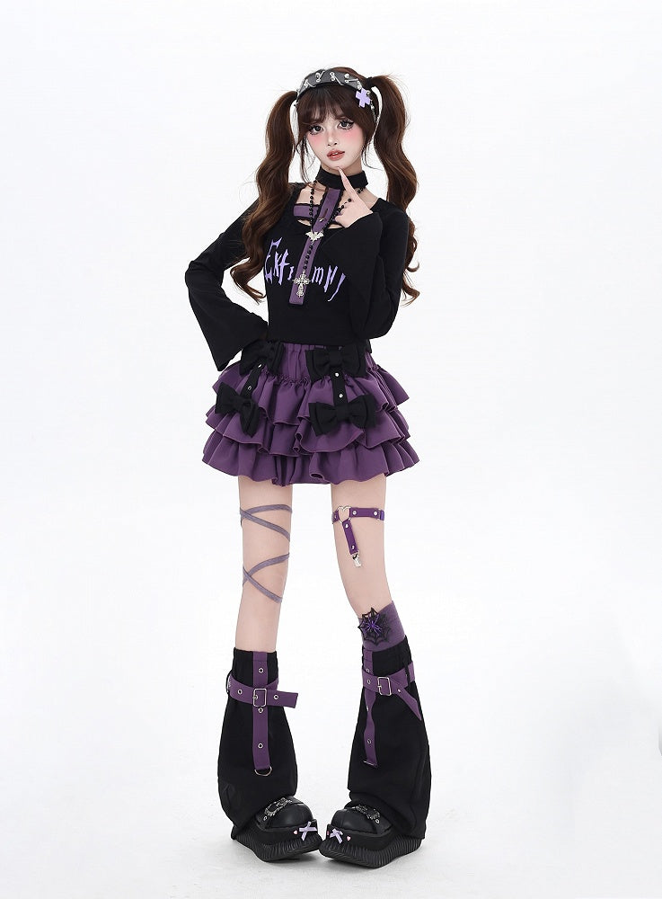 Top and All-in-one Gothic Black/Purple Bell Sleeves Cross Design Choker