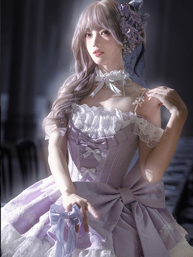 Balletcore with Lolita Purple Detachable Dress Bows Waist Boned