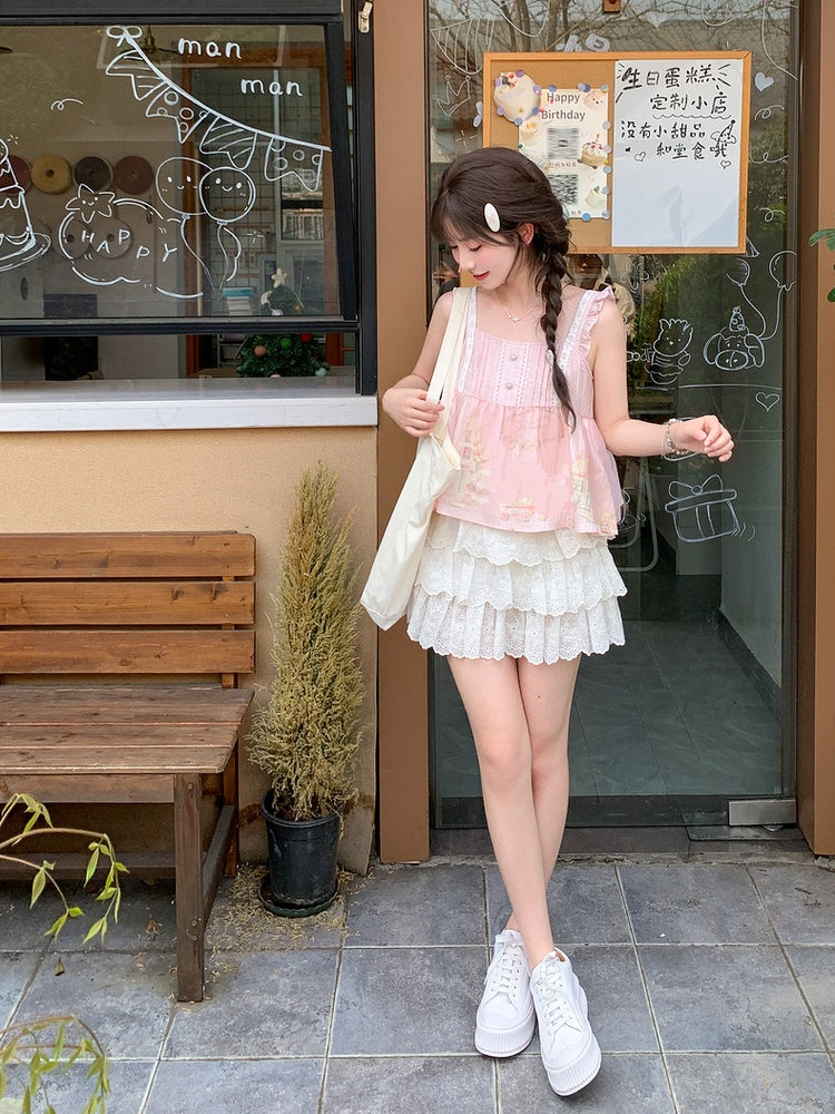 Flutter Sleeves Cartoon Bear Print Sleeveless Top Sweet Pink