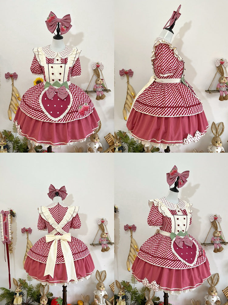 Dress with Plaid Lolita Collar Peter Pattern Strawberry Pan Sweet Pink Apron