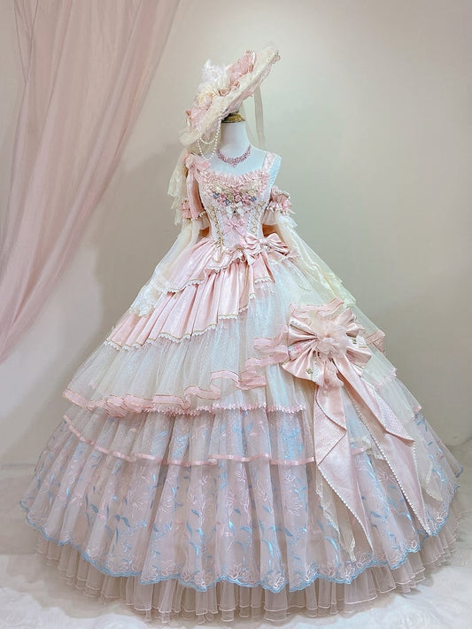 Hem Floor Pink Layered Waist Hanayome Dress Length Corset Floral with Embroidery Hime Lolita Version Long