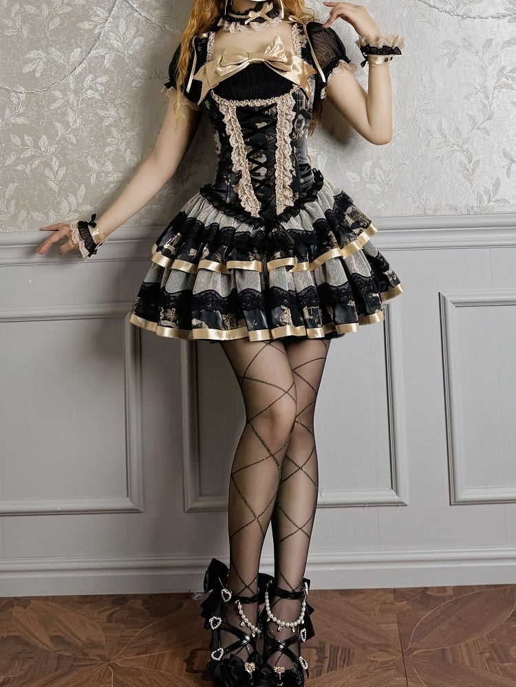 Print Puff Short Gold Dress Corset Bunny Lolita and Black Kitty Sleeves