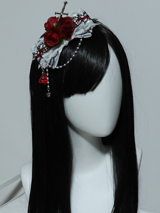 RedWhite Rosette Sword Hairclip Trim Bowknot Design Lace Decorated And Skeleton Charm Beaded