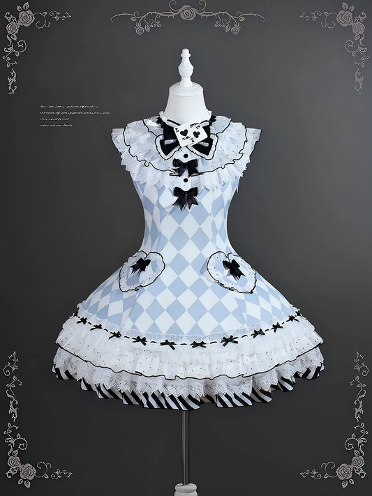 Lolita Dress OP Blue Diamond Pattern Sweet Alice in Wonderland Vibes