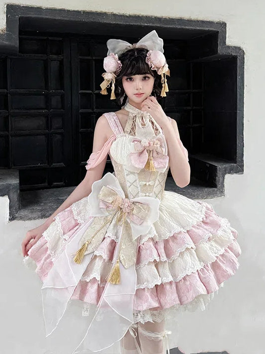 Hals Baskenkleid Taille Rosa Rock Halter Tiered Qi Abnehmbare Lolita