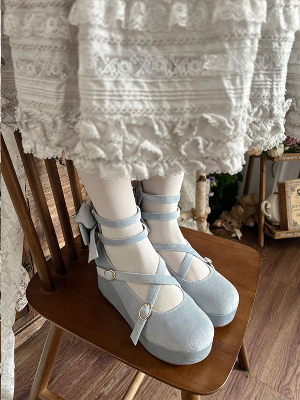 Sweet Accent PU Design Platforms - Blue Wedge Crisscross Lolita Bow