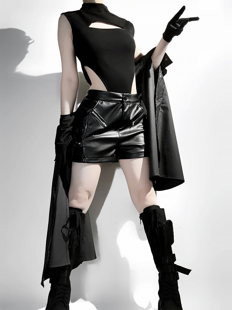 Sleeves XL Overlong Ouji Bodysuit Size Leather Exclusive + Futuristic Shorts Outfit Techwear Black Jacket Cropped Lolita -