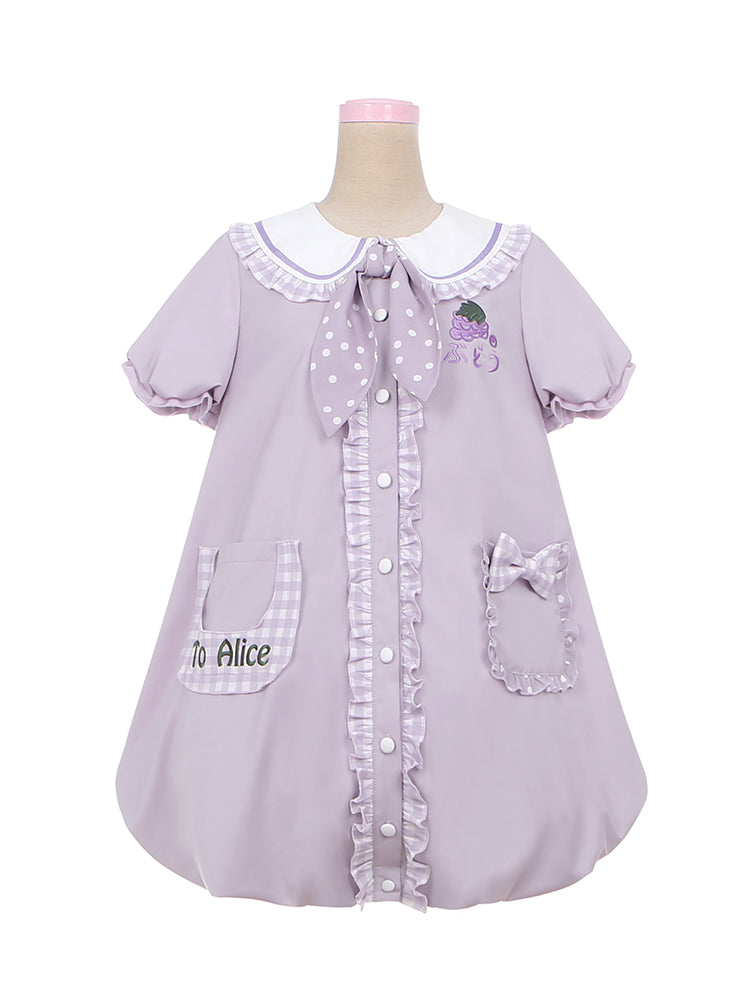 ライトパープルのピーターパンカラー、パフスリーブ、グレープバブルスカートドレス