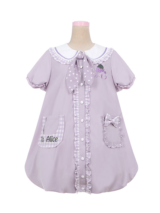 ライトパープルのピーターパンカラー、パフスリーブ、グレープバブルスカートドレス