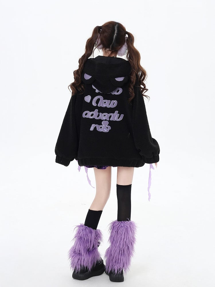 Black Lace-up Detail Bear Ear Thick Hooded Coat
