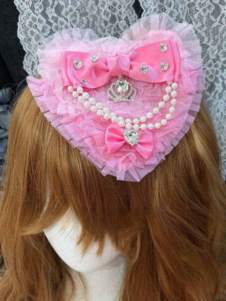 Heart-shaped Charm Hairclip Details Beaded Pink Bowknot Decorated Rhinestone